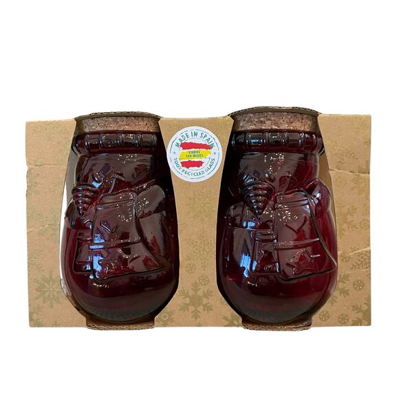 Vidrios San Miguel Red Glass Snowman Jars Set Of 2 New In Box Made In Spain - Picture 1 of 15